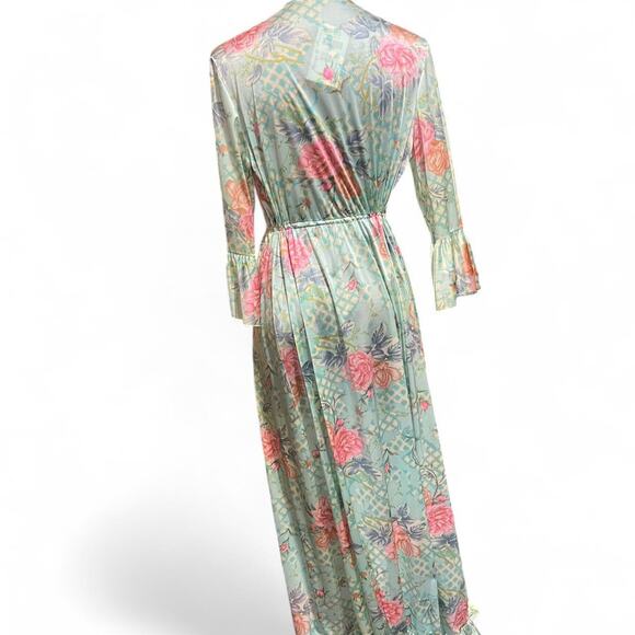 Vintage Vanity Fair blue pink floral robe lingerie ruffled sleeves hem size s - Picture 4 of 6